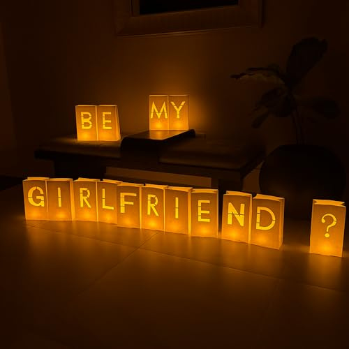 WYMM Be My Girlfriend Leuchtbuchstaben, 30 Teelichter & Rosenblätter | Leuchttüten, romantische Antragsdekoration, Überraschung, 30 Teelichter, 2000 Rosenblätter