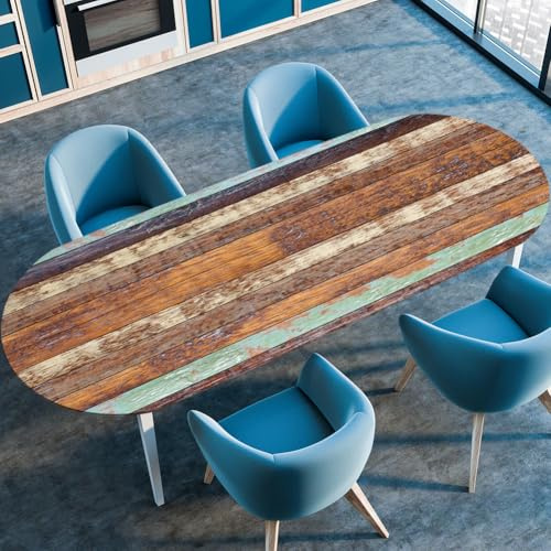 Surwin Elastische Oval Tischdecke Abwaschbar, Spanntischdecke Abwischbar Gartentischdecke mit Gummizug Oval Outdoor Tischdecke für Esszimmer Küche -3D Holzmaserung (Braun,91x152cm)