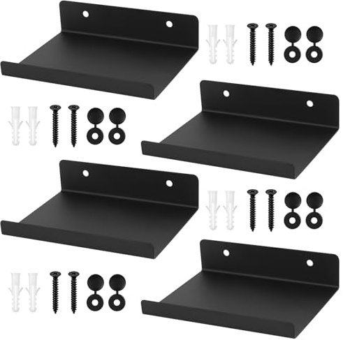 QJKEJI Wandregal, Wandboard, Bilderleiste,Schweberegal, Bad Regal Wand Bücherregal für Wohnzimmer Arbeitszimmer Badezimmer Küche Fotorahmen Dekos (4, Schwarz, 15x11,5x3,5 cm)