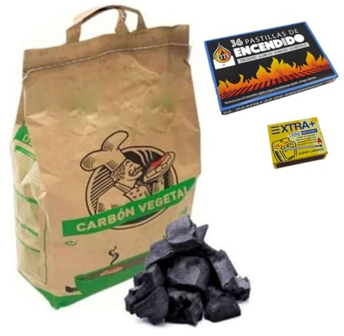 Carbón Vegetal Premium de Encina,Sin Humo, Sin Aditivos, Ideal para Una Barbacoa,1 Cajas 36 Pastillas de Encendido y 1 Caja Cerillas. (2.8kg)