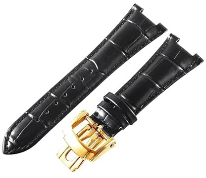 ROUHO 25mm Faltschließe Leder Uhrenarmband, Ersatz-Uhrenband für Patek Philippe Nautilus 5711 5712G-Schwarz + Gold Schnalle