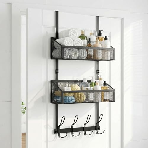 Xygobla Over Door Hanger Hooks Storage Organiser | 12 Coat Hooks & 2 Mesh Baskets Heavy Duty No Drill Over Door Storage Rack Behind Door Hanging Rack Bathroom Pantry