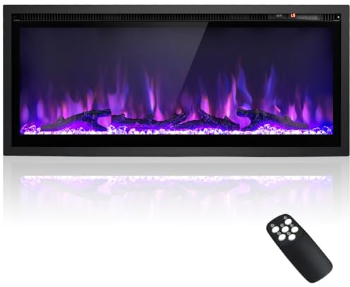 GOPLUS 91CM Chimenea Eléctrica Lineal, Chimenea Eléctrica Empotrada en la Pared o Independiente con Decoración de Troncos y Cristales, Chimenea con Control Remoto, Temporizador y Termostato