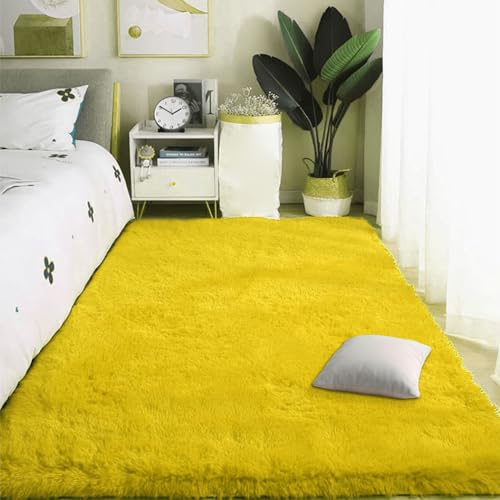PSHCEE Hochflor Teppich Wohnzimmer 80 x 150 cm Anti Rutsch Extra Teppiche Schlafzimmer Pflegeleicht Und Robust Fürs Flur,Küche, Wohnzimmer, Schlafzimmer, Gelb