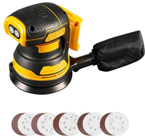 Akku-Exzenterschleifer Kompatibel mit Dewalt 18V 20V Akku, 125mm Schleifteller Elektrischer Exzenterschleifer, 11.000 U/min Bürstenlosem Motor, Akku-Handschleifer mit 20 Schleifpapieren