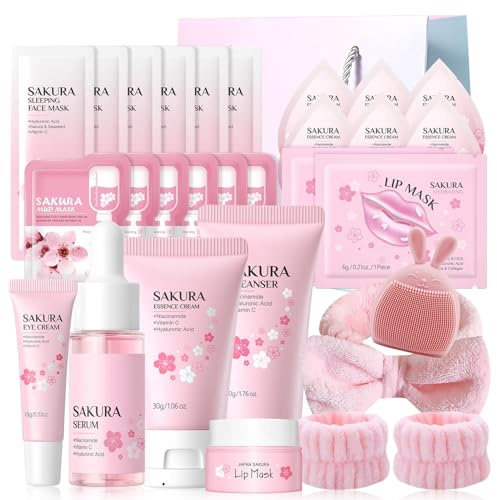 Sakura Sakura Gesichtspflege Set,27pcs Haut Tägliche Pflege Geschenkset für Frauen,Reiniger,Gesichtsserum,Augencreme,Lippenmaske,Gesichtsmaske,Sakura Skin Care Set Teenager Girls Gifts