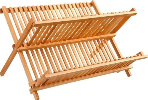 Genérico Escurreplatos Plegable, 2 Niveles, Secador Platos, Tazas, Cuencos, Bambú, Soporte Escurridor Vajilla, Natural Madera, Sujeción Segura, para Fregadero y Cocina
