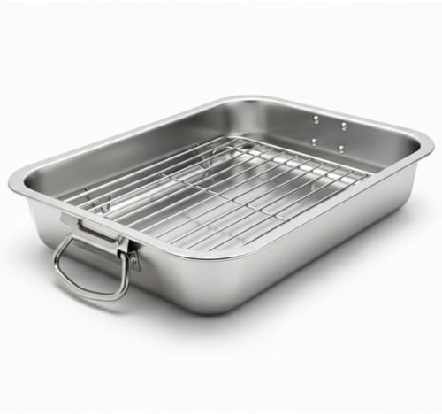 Plat à Rôtir Inox avec Grille 40 x 30 cm - Plaque de Cuisson Profonde avec Poignées Pliantes - Plat à Four Rectangulaire pour Poulet Rôti, Viande, Légumes et Repas en Famille