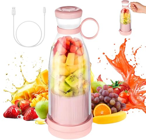 Portable Blender Smoothie Maker, 420ml Electric Mini Juice Maker with 6 Blades,Juicer Blender Bottle,for Fruits, Shakes, Smoothie, Perfect for Home, Office, School, Outdoors (Pink)