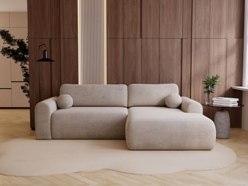 GRAINGOLD Savana L 257x177 cm, L-Form Sofa, Schlafcouch für Wohnzimmer, Velours-Stoff, 3-Sitzer Eckcouch, Ecksofa mit Bettkasten (Beige, Rechts)