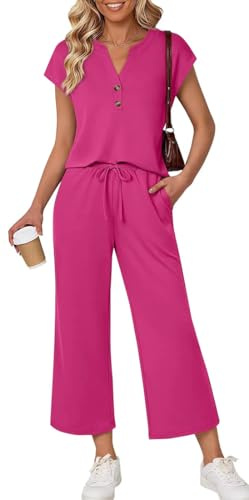 OLIPHEE Survêtement Femme 2 pièces Ensemble Jogging Femme Tenue Sport Haut Col V et Pantalon à Jambes Larges Ensemble Femmes Chic et Elegant Vacance Décontracté Sportswear Été