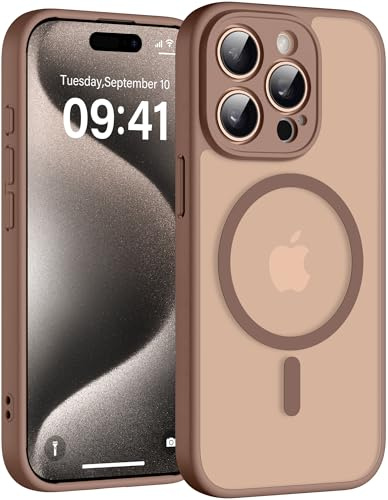Helssitot für iPhone 15 Pro Hülle mit Magsafe, Militär-Grade Stoßfest Kratzfest Anti-Fingerabdruck Magnetisch Rückseite Matt Handyhülle für iPhone 15 Pro 6,1 Zoll,Braun