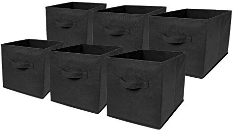 Set of 6 Large Foldable Square Storage Cubes, Fabric Organiser Canvas Cube Boxes Collapsible for Home, Bedroom, Nursery Office, Playroom Toys, 28 x 28 x 28 cm (Black)