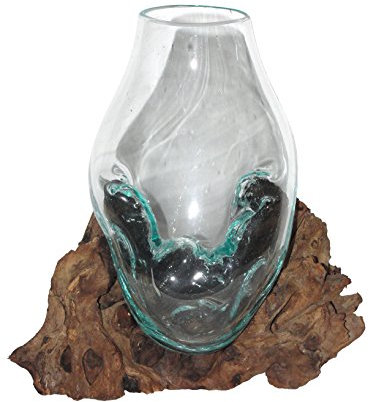 SAWA Glasvase Blumenvase 20 cm individuell auf Treibholz/Wurzelholz Vase mit Holz spezielle Glasvase