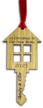 Personalised Wooden First Christmas in New Home Key Shape Tree Bauble Hanging Decoration - Perfect Engraved 1st Xmas Gift for the First Home Buyers Ornament