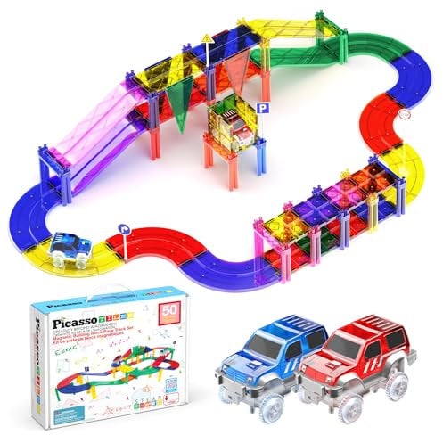 PicassoTiles 50 Piece Race Car Track Building Block Educational Toy Set Magnetic Tiles Magnet DIY Playset 2 Light Up Car STEM Learning Construction Kit Hand-Eye Coordination Fine Motor Skill Training