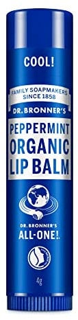 Dr Bronner's Peppermint Lip Balm, Made with No Synthetic Ingredients and Organic Oils, Used for Lips, Dry Hands, Cuticles and Chapped Chins, Certified Fair Trade, 4g Bar