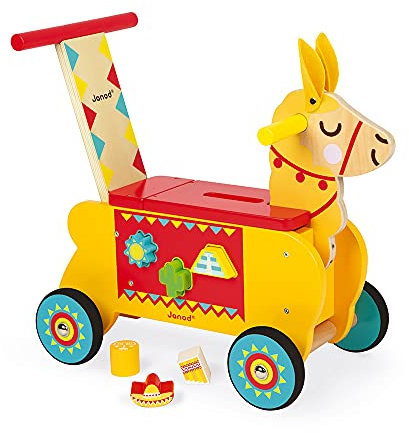 Janod - Cavalcabile per Bambini in Legno Lama - Ruote Silenziose - Scomparto per Riporre e 6 Cubi Inclusi - Apprendimento dell'equilibrio - A Partire dall'anno, J08004, Giallo e Rosso