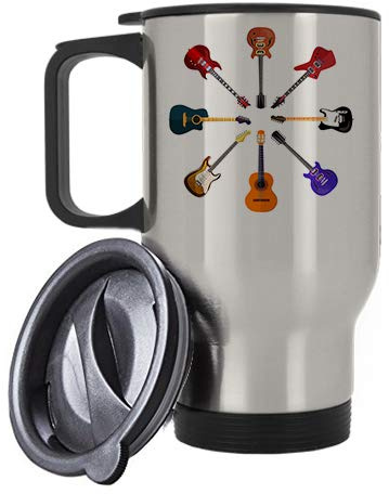 Colourful Guitar Themed 14 oz Travel Mug. – Gift for Christmas, Mothers/Fathers Day. (Silver)