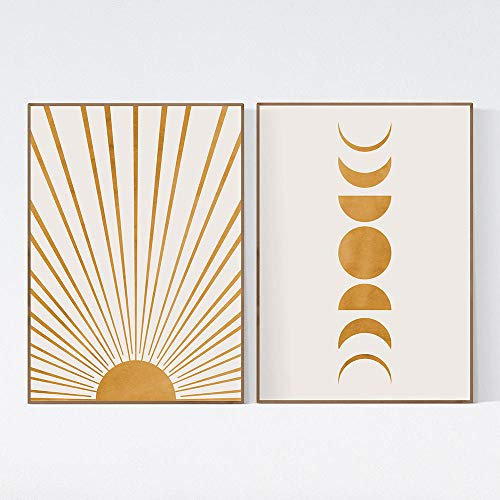 CNHNWJ Sonne & Mond Poster & Kunstdrucke Gelb Beige Boho Stil Wand Bilder Dekor Abstrakte Gemälde Leinwand Bild Bilder Minimalistische Wohnkultur 40x60cmx2 / kein Rahmen