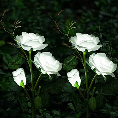 XVZ Solarlampen für Außen Garten Deko, 2 Stück LED Rose Lampe mit größerer Blume und Breiterem Wasserdichte Solarpanel, Solar Blumen Gartenleuchte für Rasen Terrasse Weg Balkon Deko - Weiß