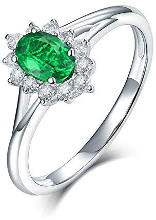 Daesar Damen Ring 750 Weißgold Blume Ring Solitär mit 0.5ct Smaragd, Verlobungsring Trauring Weißgold mit Diamant Große 53 (16.9)