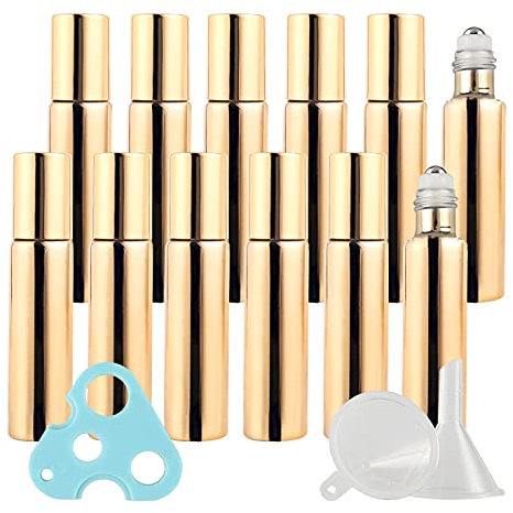 ZEOABSY 24 Pack Refillable 5ml Gold UV Coated Glass Roll-On Bottles with Stainless Steel Roller Balls for Cosmetic Makeup, Essential Oil Perfume Aromatherapy + 1 x Opener, 2 x Funnel