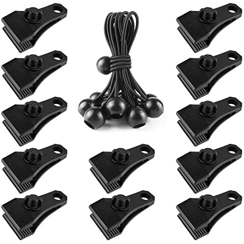 Large Tarp Clips Heavy Duty Lock Grip 12 PCs Tarp Clamps Thumb Screw Tent Fasteners Clips with 12 PCs Ball Bungee Cords for Camping Awnings Caravan Canopies Car Swimming Pool Boat Cover Clips etc