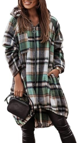 ORANDESIGNE Karierte Lange Jacke Damen Elegante Retro Kapuzenjacke Hemdjacke mit Kapuze Reißverschluss Kordelzug Tasche Knielanger Plaid Mantel Hoodie Sweatjacke A Grün XXL