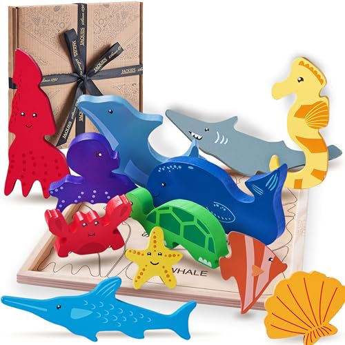 Jaques of London Sea Animals Toys for Kids | Ocean Animal Puzzle Set of 12 Ocean Creatures | Toddler Puzzle with Storage Tray | Montessori Wooden Toys for 1 Year Olds | Since 1795