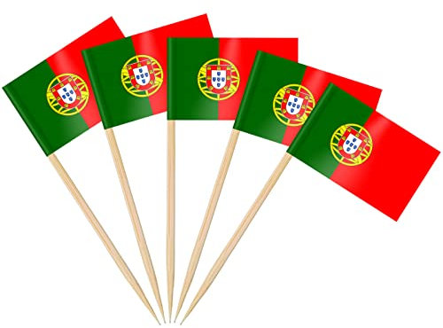 AhfuLife 200 Stück Portugal Zahnstocher Flaggen, Portugal Deko Fahne Klein Mini Zahnstocher Fähnchen für EM Euro Eurovision WM Cupcake Topper Toothpick Cocktail Party Pub Deko