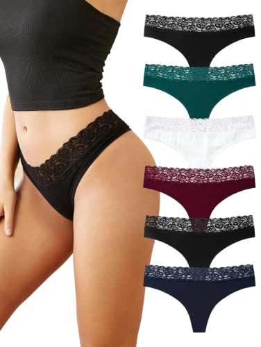 INNERSY Thongs for Women Underwear Lace Trim Hipster G String Thong 6 Pack | Soft Cotton High Leg Knickers, Elegant Feminine Waist Detail, Sexy Delicate Ladies Panties, Tag-free, Sport, Date, Daily Wear