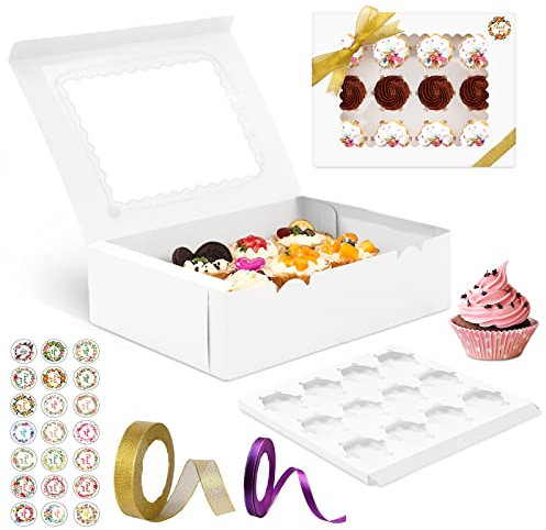 YUTUY 15 Stück Cupcake Box,Cupcake Muffin Box mit Fenster,Cupcake-Box Muffin Box mit Seil und Stickern,Tortenboxen,Cupcake Boxes Für Macarons,Cupcakes,Brot,Kuchen