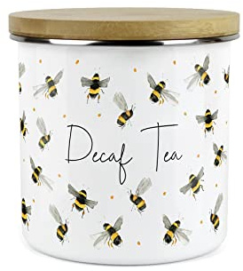 Purely Home Scattered Bees Decaf Tea Canister - White Metal Enamel Kitchen Food Storage Container