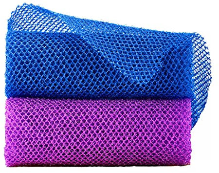 2 filetti di spugna da bagno esfolianti africani, 2 reti schiumogene, purificatore del corpo, purificatore dorsale, rimuove lo sporco e l'olio dalla pelle, pelle più liscia (blu, viola)