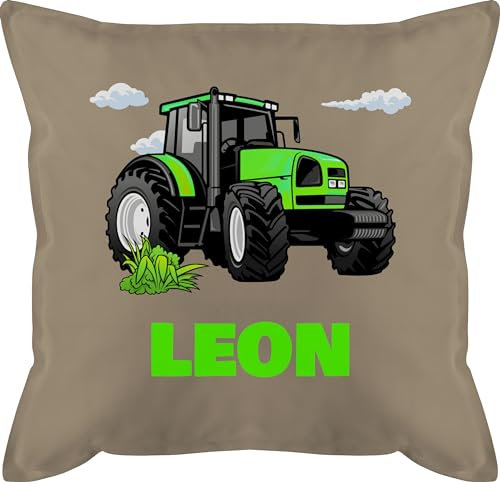 Kissen 50x50 - Geschenk Traktor mit Name personalisiert I Trecker Fan I Zugmaschine I Bulldog I Schlepper - 50 x 50 cm - Beige Natur - Junge und traktorkissen Landwirtschaft motivkissen kinderkissen