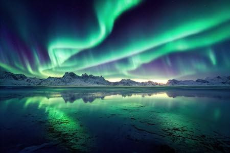 adrium Acryl-Bild 140 x 90 cm: Aurora Borealis und glücklicher Mann. Sternenhimmel, grüne Polarlichter. Nachtlandschaft. Nordlichter (191806934)