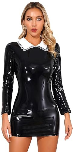 Kaerm Damen Lack Leder Kleid Wetlook Minikleid Sexy Kurz Figurbetontes Abendkleid Eng Metallic Glitzer Bleistiftkleid Etui Party Clubwear B Schwarz XXL