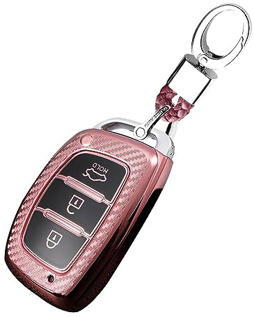 KUNIO Keyless Schlüsselhülle Passt für Hyundai Kona i10 i30 i20 ioniq Hybrid Tucson Santa Fe ix35 Mistra TPU Kohlefaser Schlüsselschutz Autoschlüssel Hülle Schlüsselring 3 Tasten A Rosa