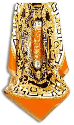 GLORIS Seidenschal Damen 90x90 cm Orange Braun mit Mäanderverzierung Elegante Seidentuch Haare Satintuch Halstuch Tuch Kopftücher Damen Ansatz Haare Seide Bandana Tuch Kopftücher Damen Ansatz