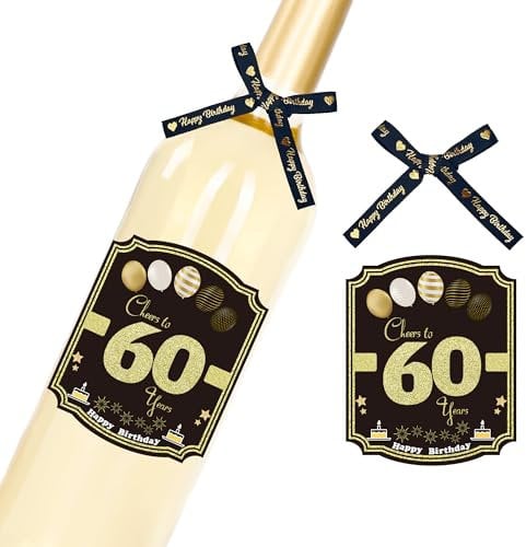 Sumerk 6 Pcs 60th Birthday Wine Bottle Labels and 6 Pcs Bows 60th Bow Birthday Stickers 60 Stickers Happy Birthday Gift Idea Decorations for Him Her
