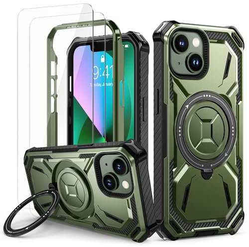 Lanhiem für iPhone 13 Hülle, für iPhone 14 Hülle mit 2 Stück Panzerglas, 360° Ring Ständer Schutzhülle, Militärischer Stoßfest Handyhülle für iPhone 13/14 Case, Grün