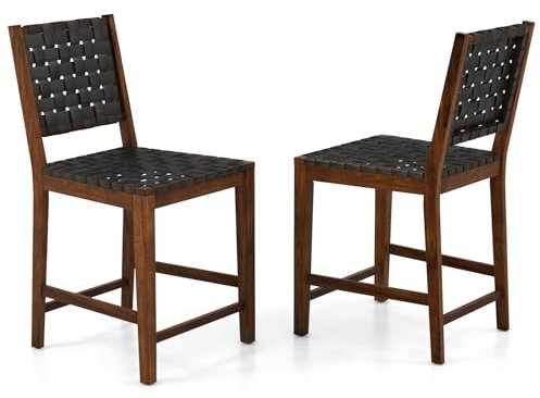 HOMASIS 2er Küchenstühle Set, gewebter Esszimmerstuhl mit Rückenlehne & Fußstütze, Sitzgruppe aus Holz, Barstuhl für Esszimmer, Küche, Wohnzimmer, 52 x 58,5 x 101 cm(L x B x H), Schwarz & Braun