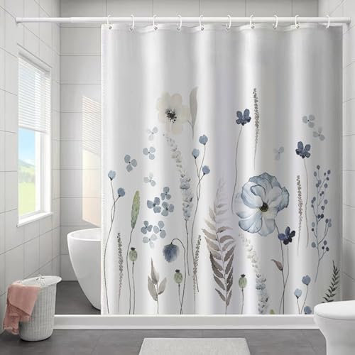 Zhixifan 180x200 cm Blumen Blatt Duschvorhänge mit 12 Duschvorhangringen Frühling Aquarell Pflanzen Bad Vorhänge Wasserdicht Duschvorhang für Badezimmer 3D Digitaldruck Polyester, Waschbar, Weiß