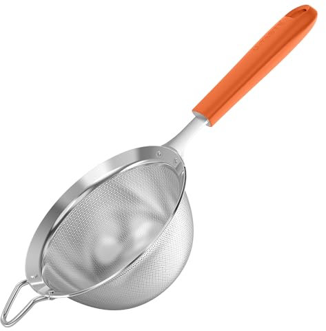 U-Taste Feinmaschiges Sieb: Küchensieb aus 18/8-Edelstahl, mittelgroßes Metallsieb mit genietet stabilem Silikongriff zum Sieben von Mehl, Abtropfen von Tee, Reis, Quinoa (Orange, 12 cm)