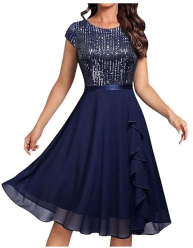 Abendkleid Damen Swing Spitzen Chiffonkleid Glitzer Pailletten Cocktailkleid Abendkleider Elegant für Hochzeit A Linie Rundhals Festlich Kleid Damen Knielang Chiffon Partykleid Abschlusskleid