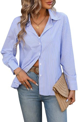 MINTLIMIT Women's Striped Button Down Shirts Long Sleeve Collar Blouses Casual Ladies Shirt Top 2024, Blue
