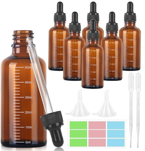 GROFIS 6 Stück Pipettenflasche 50ml, Anti-UV Tropfflasche aus Braunglas, Braunglasflasche mit 2 Trichter 2 Pipette Nadelspitze 1 Aufkleber, Apothekerflasche für Flüssigfarbstoffen Aromatherapie