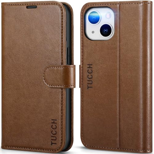 TUCCH Hülle für iPhone 13, Handyhülle iPhone 13 Klapphülle [TPU] [Kartenfächer] [Ständer] [Magnet] RFID-Blocker, Stoßfeste Case, Cover kompatibel mit iPhone 13 (6,1 Zoll) Dunkelbraun