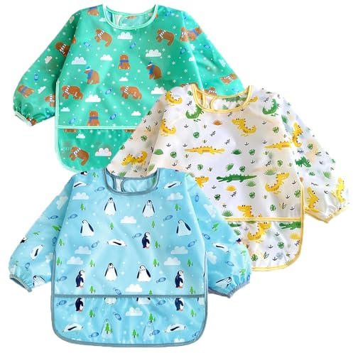 PandaEar 3 Pack Waterproof Long Sleeve Baby Bibs for Eating & Messy Play, Toddler Smock with Food Catcher Pocket, Lightweight Reusable Feeding Apron for Infant 6-36 Months (Bears, Penguins, Dinosaurs)